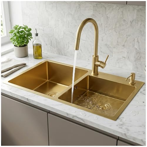 Double Bowl Stainless Steel Kitchen Sink – Undermount Or Drop-in Installation, with Basket Strainer, Drain Kit Gold-Tone Accessories, Nano-Coated, Silent Design(Gold,75x40cm)