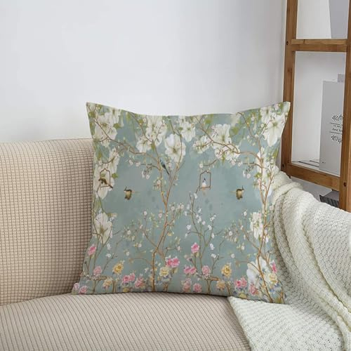 HRRASFAZF Garten Dekorative Kissenhülle Zierkissen Bezüge für Sofa Wohnzimmer Sommer Frühling Kissenbezug,Design mit Zweigen, Blumen und Vögeln im englischen Landhausstil,50x50 cm
