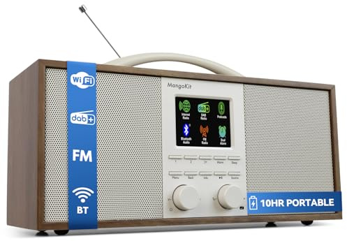 MangoKit SR40 Radio Internet WiFi, Bluetooth, Dab/Dab+,10h Batería, Nogal | UKW Radio,150 Presintonías,Altavoces 2.0,Entrada AUX,Carcasa de Madera,asa de Aluminio,Radio Despertador,Podcasts,Carga USB-C