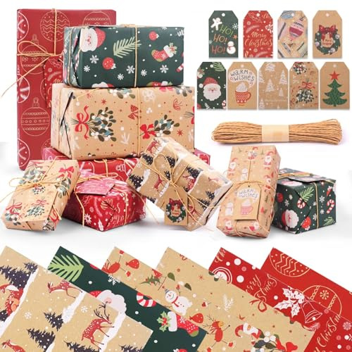AhfuLife 6 Fogli Carta da Regalo Natalizia, 70x50 cm Carta da Regalo Natalizia Piegata in Carta Kraft Riciclata 6 Disegni Vintage 9 Etichette per Feste Natalizie Regali di Compleanno Celerazioni Festi