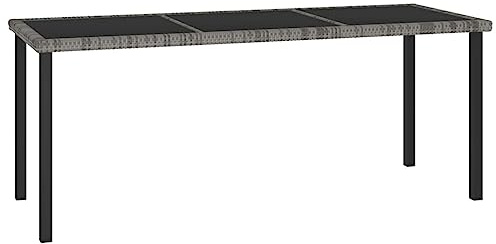 QUAHEAS Garten-Esstisch Grau 180x70x73 cm, Poly Rattan mit gehärteter Glasplatte, robuster Outdoor Tisch für Terrasse und Balkon, pflegeleicht