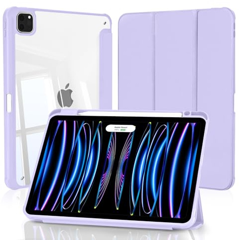 4UBonLife Coque pour iPad Pro 11 Pouces 2022/2021/2020/2018 avec Porte-Stylet, Housse de Protection Dos Transparente Claire Rigide, Étui Tablette Antichoc Mince, Violet Clair