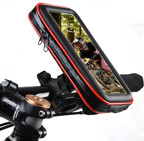 SUNSEATON Support Téléphone étanche, Universelle Waterproof Motocycle/Les Voitures électriques/Scooter Rétroviseur Téléphone Support avec 360° Rotation pour iPhone, Samsung Galaxy (Rouge 2, XL)