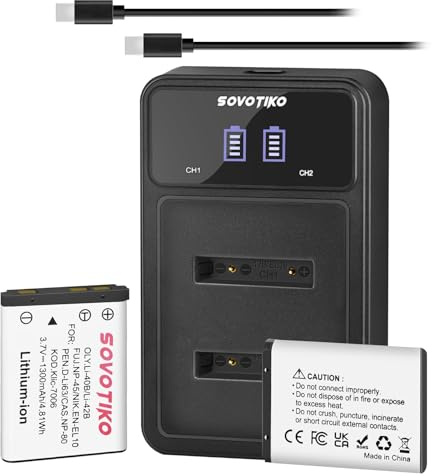 SOVOTIKO 2Pcs EN-EL10 Li-40B NP-45 Battery & Dual-Slot Charge for Nikon EN-EL10 Olympus Li-42B Fujifilm NP-45S INSTAX Mini 90 FinePix XP50 XP60 J10 NP-80 KLIC-7006 D-Li63 D-Li108 1300mAh