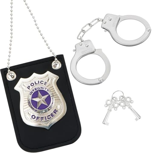 FHRYNA Conjunto de accesorios de disfraz de policía de 2 piezas, incluye placa y esposas de juguete, para niños, Halloween y fiestas.