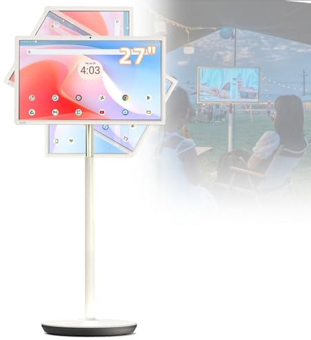Portable TV Tablet on Wheels, Wireless Touch Screen Smart Video Media Player with Stand, 13MP Camera, for Home Cinema & Office, 27 inch 4+64G