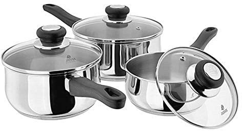 Judge Vista Set of 3 Stainless Steel Pans, 16cm, 18cm & 20cm Saucepans, Shatterproof Vented Glass Lids, Induction Ready, Oven Safe