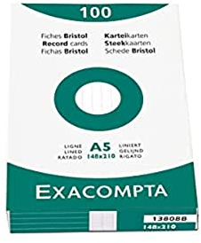 Exacompta - Réf. 3808B - Paquet de 100 fiches bristol lignées non perforées - sous film - compatibles avec imprimante jet d'encre, laser et photocopieur - format 55 x 74 mm - couleur blanc