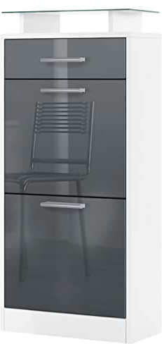 Vladon Schuhschrank Loret V2, Schuhkipper für 8 Paar Schuhe mit 2 Klappen, 1 Schublade und Glasablage, Weiß matt/Grau Hochglanz (46 x 104 x 23 cm)