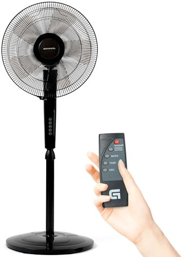 Grunkel Ventilador de pie programable 16 con 3 velocidades FAN-N16ECOTIMER y 60W con mando distancia, con altura regulable de hasta 128cm (Negro)