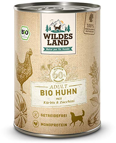 Wildes Land - Nassfutter für Hunde - Bio Huhn - 6 x 400 g -Getreidefrei - Extra hoher Fleischanteil von 60% - 100% zertifizierte Bio-Zutaten - Beste Akzeptanz und Verträglichkeit