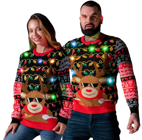U LOOK UGLY TODAY Weihnachtspullover Herren Damen Unisex LED Licht Lustig Sweater Pulli Hässlich Xmas Strickpullover Weihnachtspulli mit LED Lampe für Weihnachtsparty Rudy M
