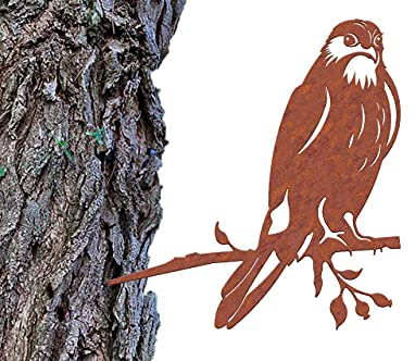 Illumino Baumstecker Metall Rost Gartendeko - Glücksvogel Habicht- 2 mm Edelrost-Stahl, Naturrost Vogel Deko für den Garten, Gartendeko Rost, Baum Deko Garten, Zaundeko