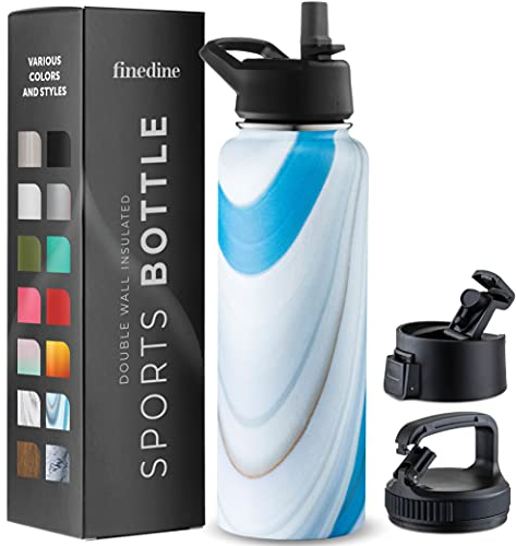 FineDine Triple Walled, Insulated Water Bottles with Straw - 40 Oz Stainless Steel Metal Bottle W/ 3 Leak Proof Lids - For Travel, School, Sports, Gym / Men, Women & Kids - Exquisite Blue Marble