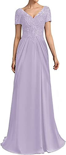 N/ C Vestidos de novia con cuello en V y apliques de encaje de manga corta para mujer, Lila, 24
