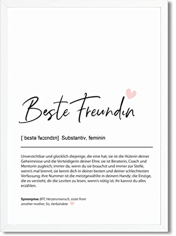 Urhome Kunstdruck Definition Beste Freundin mit Bilderrahmen Weiß in DIN A4 - Worterklärung wie im Duden Lexikon Wandbild Wanddeko mit Spruch Holz Rahmen für Wohnung Familie Freunde Geschenk