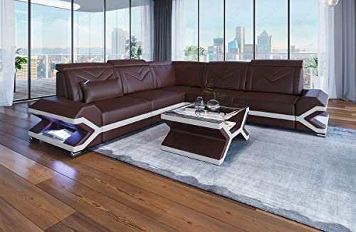 Sofa Sorrento in L Form als Ecksofa mit Bettfunktion zum Schlafsofa Ledersofa mit LED Licht Moderne Couch (ohne Bettfunktion, Dunkelbraun-Weiß)
