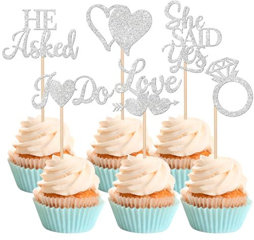 36 Stück He Asked She Said Yes Cupcake Toppers Glitter Love Heart I Do Ring Brautparty Kuchen Essen Picks Dekorationen für Hochzeit Verlobung Mottoparty Supplies Silber