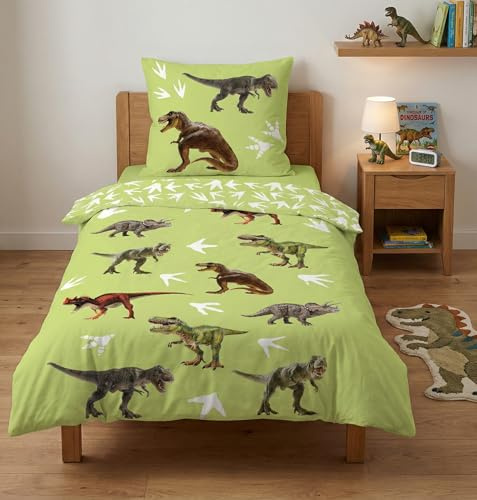 Dinosaurier T-Rex Kinderbettwäsche 140x200 + Kissenbezug 63x63 | Wendebettwäsche Einzelbett | Naturbaumwolle atmungsaktiv | T-Rex Design | Jungen | Geschenk | Maschinenwaschbar