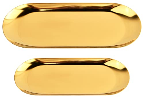 2 Piezas Bandejas Ovaladas, Bandeja de Almacenamiento Ovalada de Acero Inoxidable, Bandeja de Joyería para Velas Cosméticos Perfume Joyas Llaves Aperitivos (Oro)
