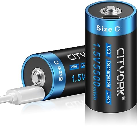 CITYORK Lot de 2 piles rechargeables USB C haute capacité 1,5 V 5500 mWh avec câble de charge de type C