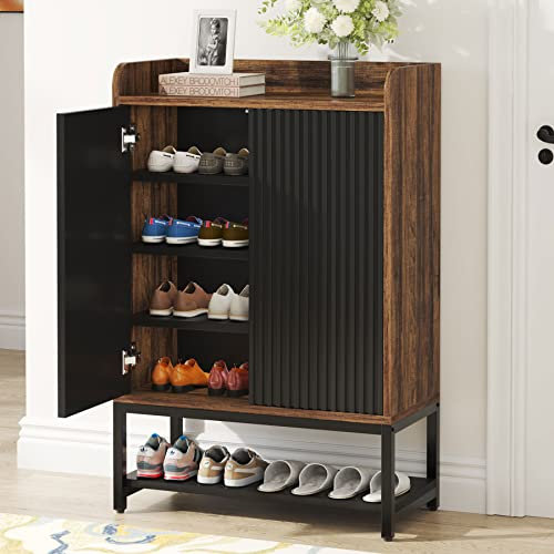 Tribesigns Schuhschrank mit Türen, 5-Tier-Schuh-Lagerung Schrank für Eingang Flur, hölzerne Schuhregal Veranstalter Schrank für 15-20 Paar Schuhe, schwarz und braun