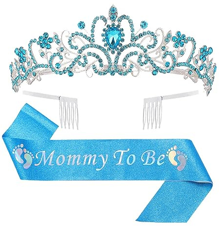 JIHUOO 2 Stück Mommy to Be Krone, Schärpe mit Glitzer-Schriftzug, Kristall, Strass, Tiara, Krone, für besondere Anlässe, Krone, Babyparty, Dekorationen, Blau
