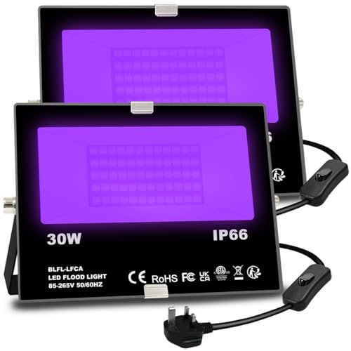 Lighting master UV Black Light 30W LED Ultraviolet FloodLight Outdoor for Glow Party, Halloween Decoration, Body Paint, Fluorescent Poster, Neon Glow, IP66,UK-Plug-Switch-1.8M Cord (2 Pack)