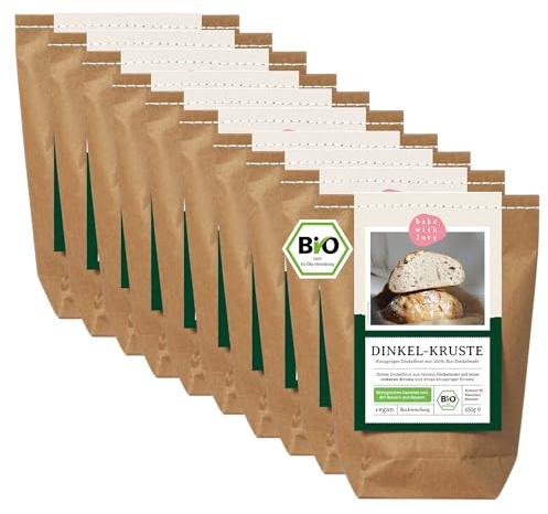 Bio Dinkel Brotbackmischung Dinkel-Kruste - 100% Dinkelmehl ohne Weizen - Brot backen mit Sauerteig - ohne Zusatzstoffe - für Brotbackautomat & Ofen - Bake with Love - 10er Pack