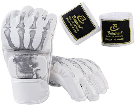 rockible Half Finger Boxing Gloves Sparring Gloves Open Palms MMA Gloves Boxing Fight Gloves for Kickboxing Punching Bag Training, White Skeleton