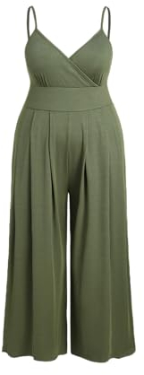 CIDER Overalls in Übergröße für kurvige Frauen, V-Ausschnitt, ärmellos, Spaghetti-Träger, weites Bein, lässiger Sommeroutfit, Olivgrün, 1X