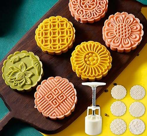 Luminexia Mooncake Mould Press With 4/6 Stapms,DIY Cookie Cutter 50g/75g/100g Flower Press Mooncake Mould Hand Pressure Mooncake Baking Tools For Muffin Fondant Cupcake Dessert,Mid-Autumn Festival