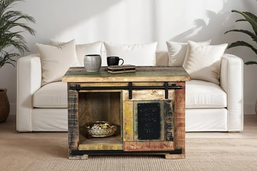 SAM Truhe Libro, Mangoholz massiv + bunt, Couchtisch mit Holzschiebetür, 3 offenen Fächern, Türelemente & Reling aus Eisen, 75 x 47 x 50 cm, Shabby Chic