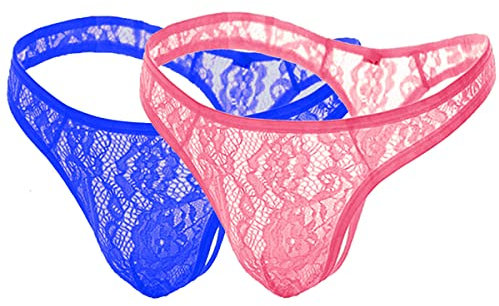 VemeFufu Maschile Perizoma Pizzo Slip Mankini G String Tanga Uomo Sexy Pizzo Intimo Blu + Rosa