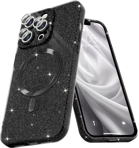 Micoden for iPhone 15 Pro Max Case [Compatible with Magsafe] Magnetic Phone Case Glitter Bling Sparkle Women Girl Shockproof with Camera Protector for iPhone 15 Pro Max,Black