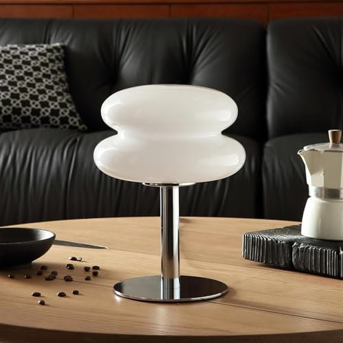 LED Glas Tischlampe Vintage Eierkuchen Tischleuchte Retro Pilz Lampe Wohnzimmerlampe Nachttischlampe mit Kabel 3000K/4000K/6000K Egg Tart Lamp Glas Deko Nachtlicht für Schlafzimmer Büro Bar,Weiß