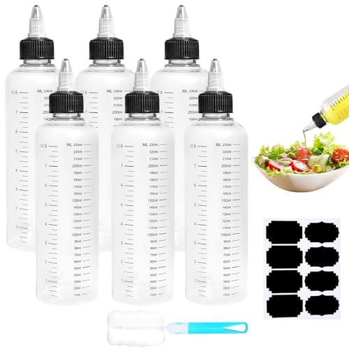 Amentalove 6 Stück Quetschflasche 250ml,8oz Transparent Squeeze Flasche mit Skala,Kunststoff Dosierflasche mit Kappen,Plastik Klare Ölspender Quetschflasche für Flüssige Sauce Ketchup Öl Soja Essig