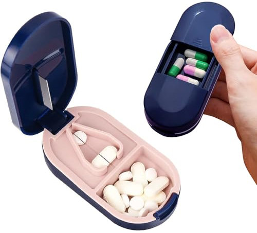 2-in-1 Pill Cutter for Small Pills with Dispenser - Portable Tablet Cutter for Small Pills with Stainless Steel Blade - Cuts Pills, Vitamins, Tablets (Blue)