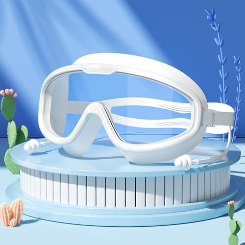 shixuanzhi Mikrofaser-Sicherheitsbrillen,Schwimmbrille,Diving Glasses mit Ohrenstöpse,gespiegelte Schwimmbrille Kein Auslaufen Anti,Fog UV,Schutz 180 Grad (Weiß)