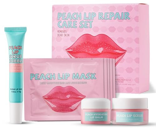 Shefave Lippenmaske Lippenpflege Set, Lip Plumper 4er-Set, Peach Essence Lippenbalsam & Lippenpeeling, Lippenschlafmaske Lip Balm Reduziert Lip Lines Entfernen Tote Haut, Geeignet für Trocken