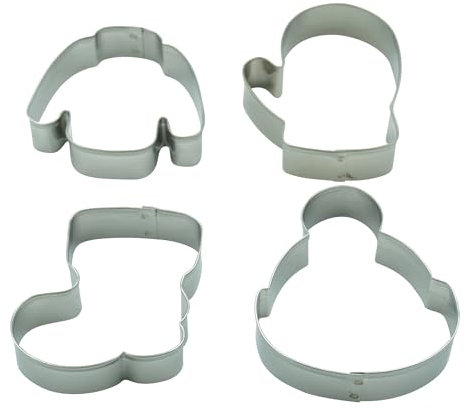 BekkiB - 4er-Set Ausstecher Pullover, Stiefel, Mütze, Handschuh - Spülmaschinengeeignete Ausstechformen aus Edelstahl - Zum Backen von Plätzchen - 3494