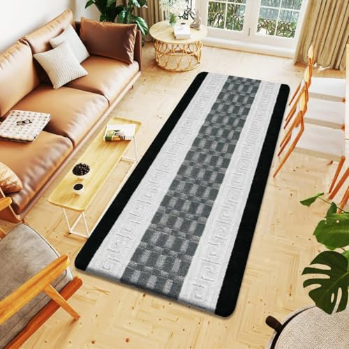 Rugs Inn Gel Back Runner Rug – Heavy Duty Non Slip Backing Geometric Pattern Dirt Trapper Washable Large Runner for Hallway Kitchen Bedroom Living Room (Black Grey, 80 x 150 cm)