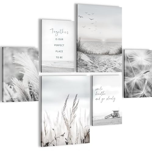 Novart Wandbilder Set Strand Meer Boho Grau - KEIN EXTRA RAHMEN BENÖTIGT - Modern Deko - Wohnzimmer Schlafzimmer Flur N033863b