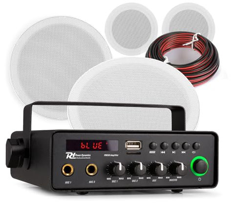 Power Dynamics 4x Marine Ceiling Speakers with 12V Amplifier, Weatherproof Outdoor Bluetooth Speaker System, IPX5 Waterproof Stereo Set, 6-Inch Woofers for Boat, Yacht, Patio, Deck Areas