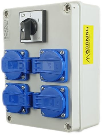 RoadEu - Steckdosenverteiler 230V - 4x Schuko Steckdose mit Schalter - Doppelsteckdose 230V mit Hauptschalter 0-1. Aufputzsteckdose IP44. Außensteckdose 4x 230V Schuko für Indoor Outdoor-Bereich