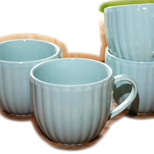 Darthome Set of 4 Blue Luxe Oversized Mugs 420ml Stoneware Ribbed Duck Egg Hot Coffee Cup