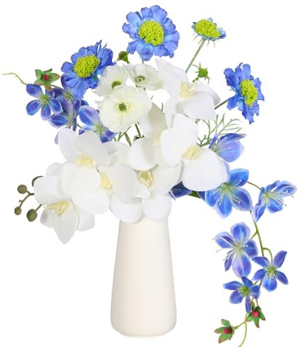 Hawesome Artificial Flowers in Vase Fake orchid Flowers with Vase Fake Floral for Table Centerpieces,Artificial Orchid for Baby Shower, Home Kitchen Office Coffee Shop Decorations (White Blue)