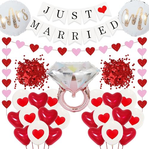 Just Married luftballons Hochzeitsdeko Set - 37 Stück Romantische Deko MR und MRS Diamant Folienballon, Herz Girlande Banner Rosenblätte Rot Weiß Ballons für Hochzeit Hochzeitstag Heiratsantrag