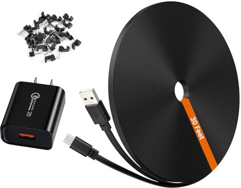 30ft Power Extension Cable for Tapo TP-Link 2K QHD C121 Security Cam - 9m USB C Long Flat Charging Cord with 18W Fast Charger, Black