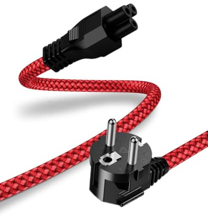 Stromkabel 3 Polig, Kleingerätekabel 1m (Schutzkontakt Stecker Typ F CEE 7/7 90° Gewinkelt auf C5 Buchse,VDE) Nylon-Geflecht Netzkabel für TV Monitor PC Bildschirm Laptop Notebook Netzteil -Rot